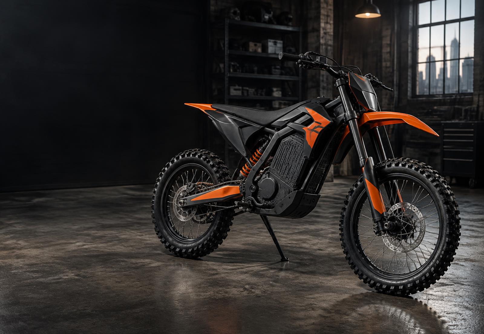 Modern electric dirt bike in a Philadelphia workshop